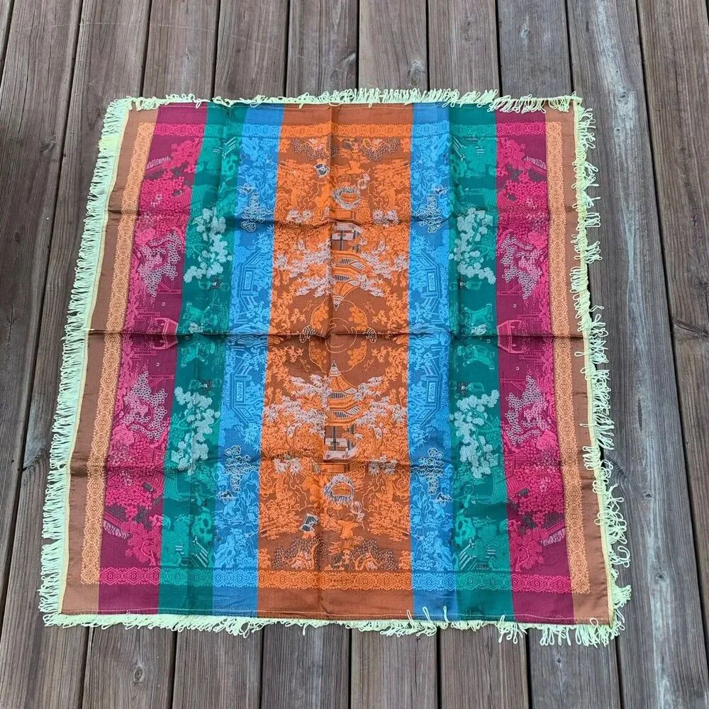Vintage Asian Oriental Silk Brocade Reverse Image Weave Gold Table 39” X 36”